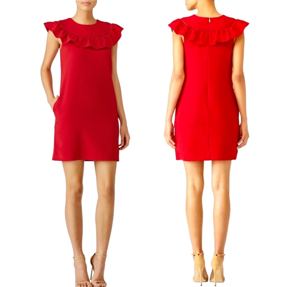 Trina Turk Luxury Ruffled Crew Neck Ruby Rose Shift Mini Dress - Sz S